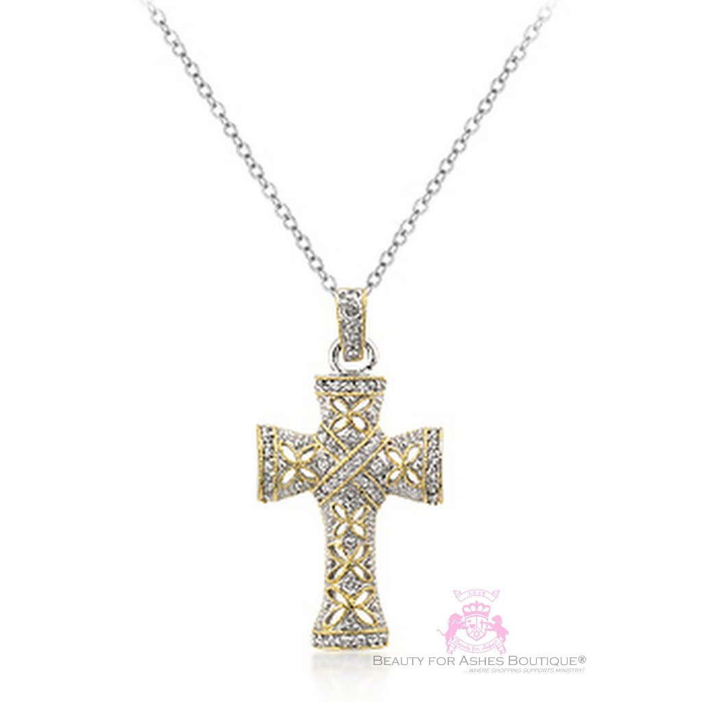 Two Tone Cross Pave Cz Elaborate Necklace 49$